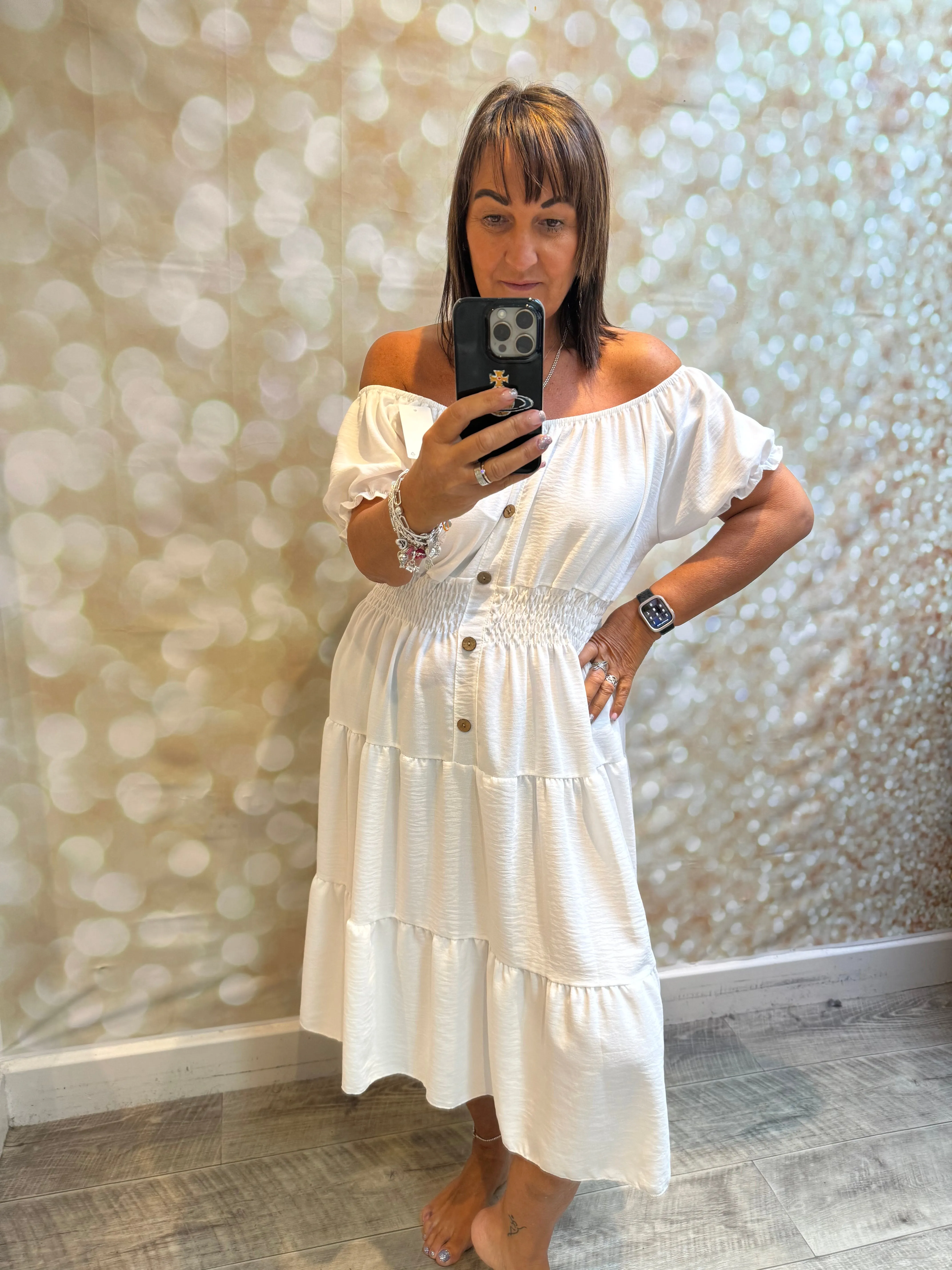 Crinkle fabric Bardot off the shoulder dress