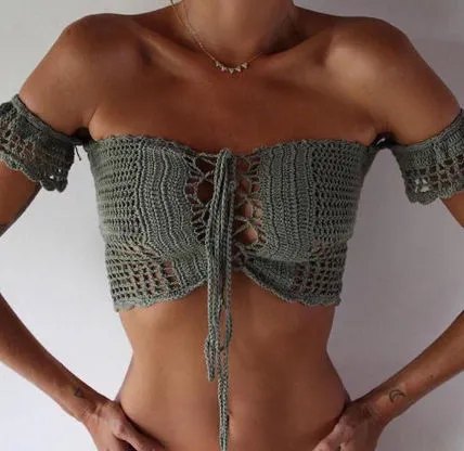 Crochet Bikini Bridie Lace Up Top & Brawa Lace Up Sides Bottom Lake Green Bohemian Beach Set Small Medium Or Large