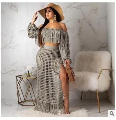 Crochet Fishnet Maxi Skirt Set 6 Different Colors You Choose Off The Shoulder Fringe Top Long Crocheted Skirt With Fringed Hem Available In Small Medium Large XL And Plus Sizes XXL 2X And XXXL 3X