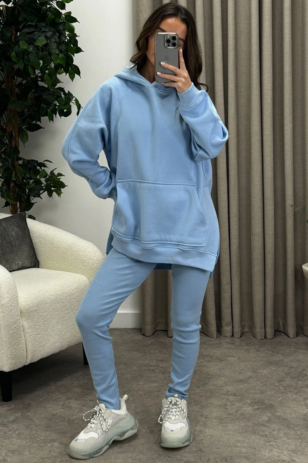 Darcie Blue Oversized Hoodie and Ribbed Leggings Loungewear Set