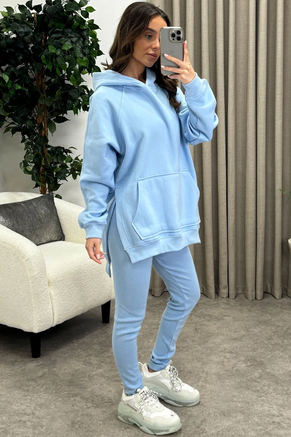 Darcie Blue Oversized Hoodie and Ribbed Leggings Loungewear Set