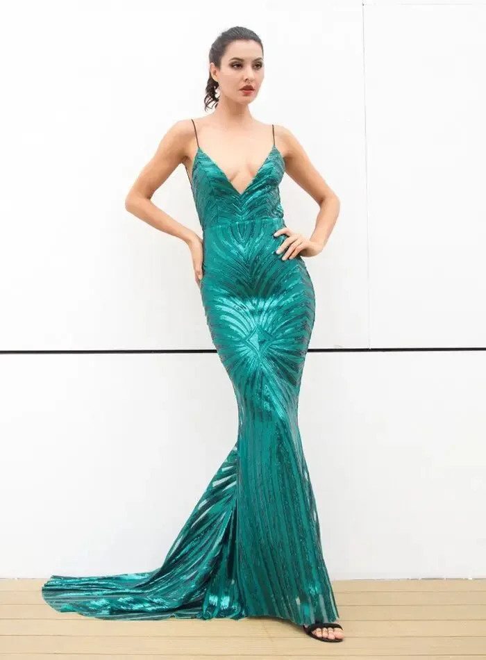 Deep V Neck Open Back Geometry Sequins Long Dress