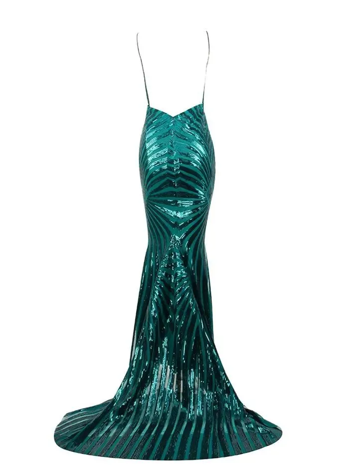 Deep V Neck Open Back Geometry Sequins Long Dress