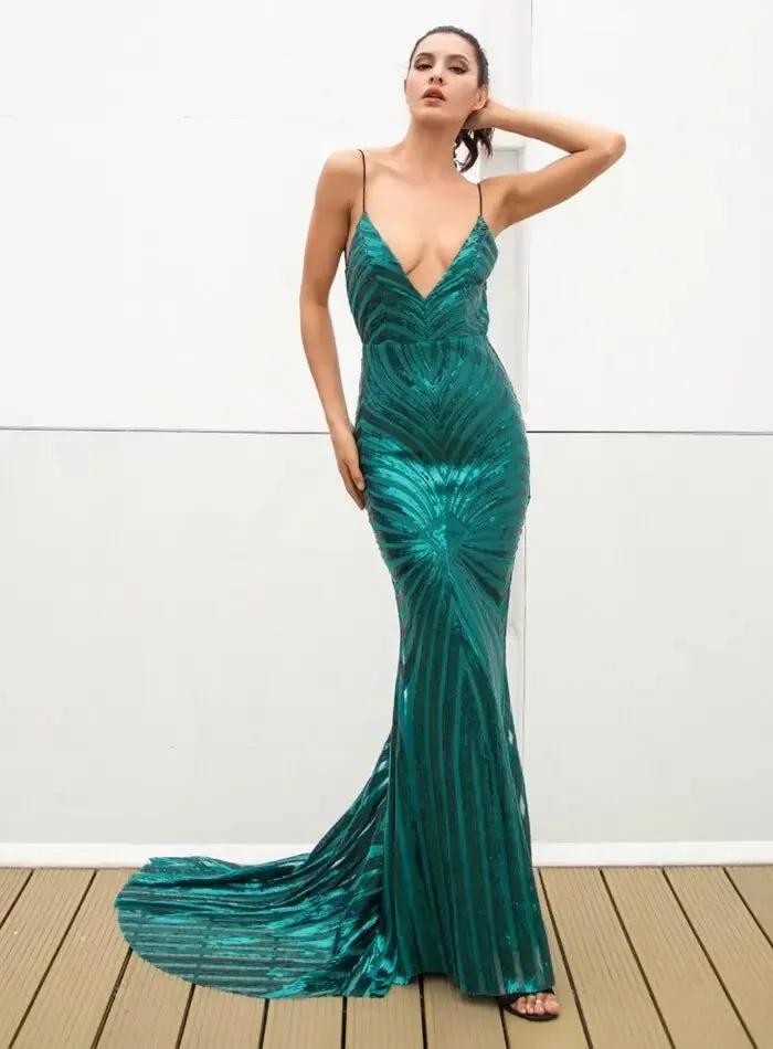 Deep V Neck Open Back Geometry Sequins Long Dress