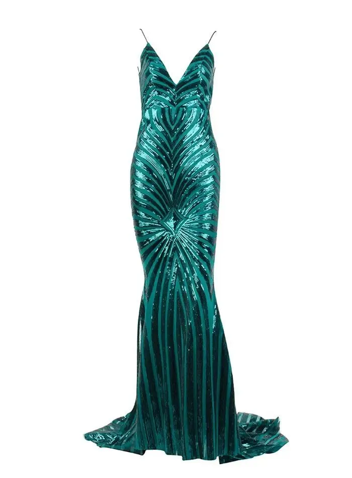 Deep V Neck Open Back Geometry Sequins Long Dress