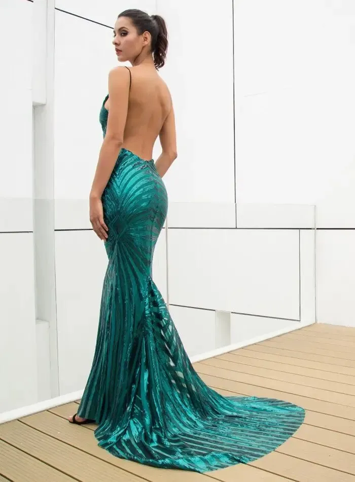 Deep V Neck Open Back Geometry Sequins Long Dress