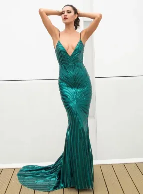 Deep V Neck Open Back Geometry Sequins Long Dress