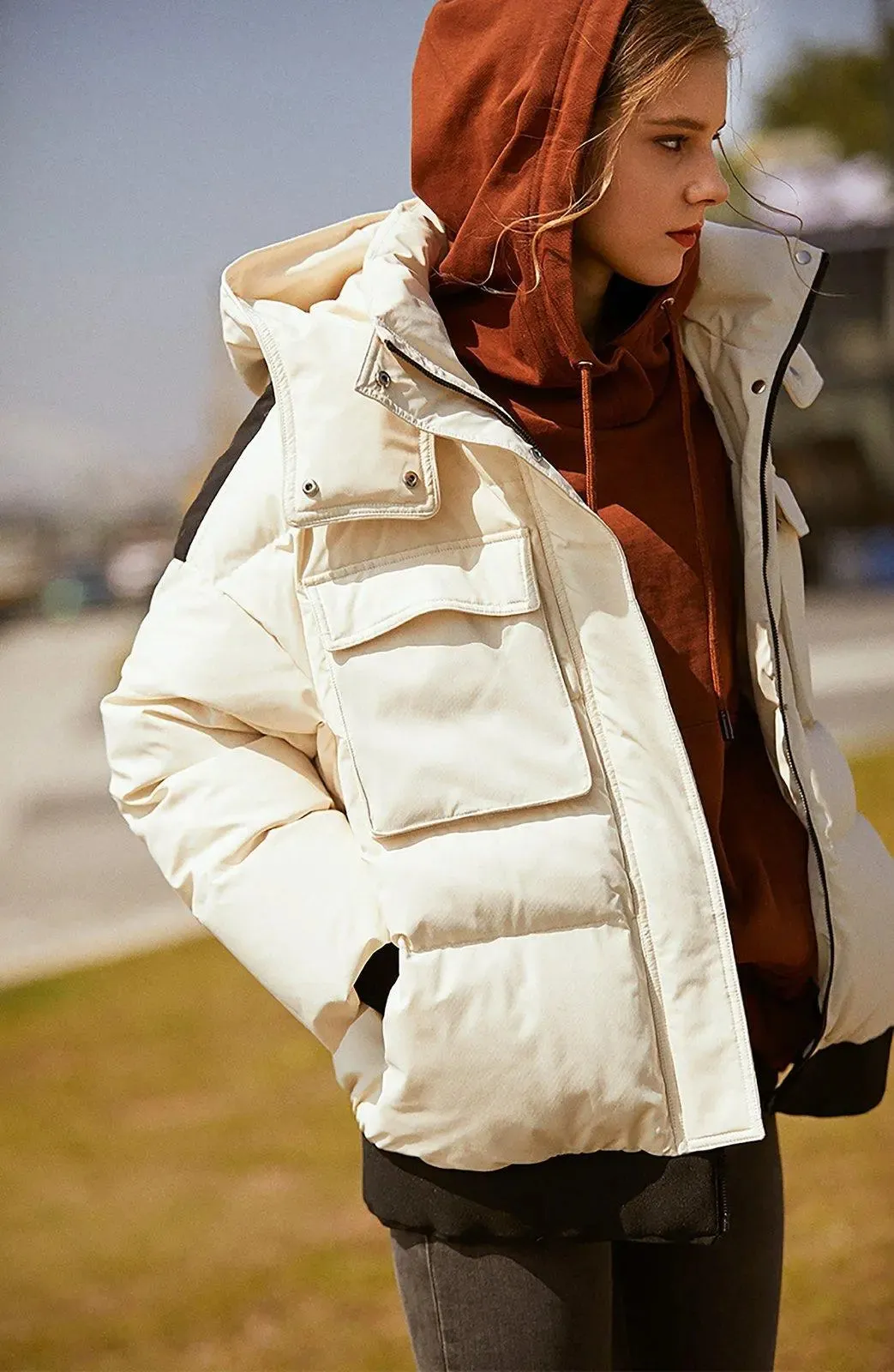 Detachable Hood Zip Down Puffer Jacket