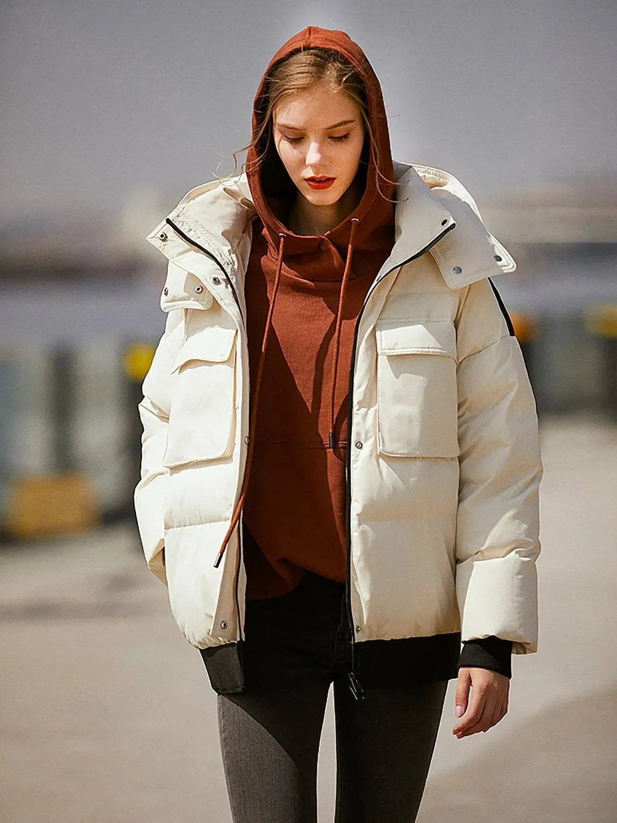 Detachable Hood Zip Down Puffer Jacket