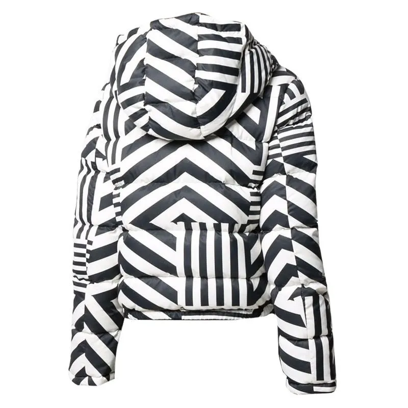 Down Jacket Winter Black And White Stripes Coat Hooded Fashion Design Down Jackets Parka Women's Short Jackets