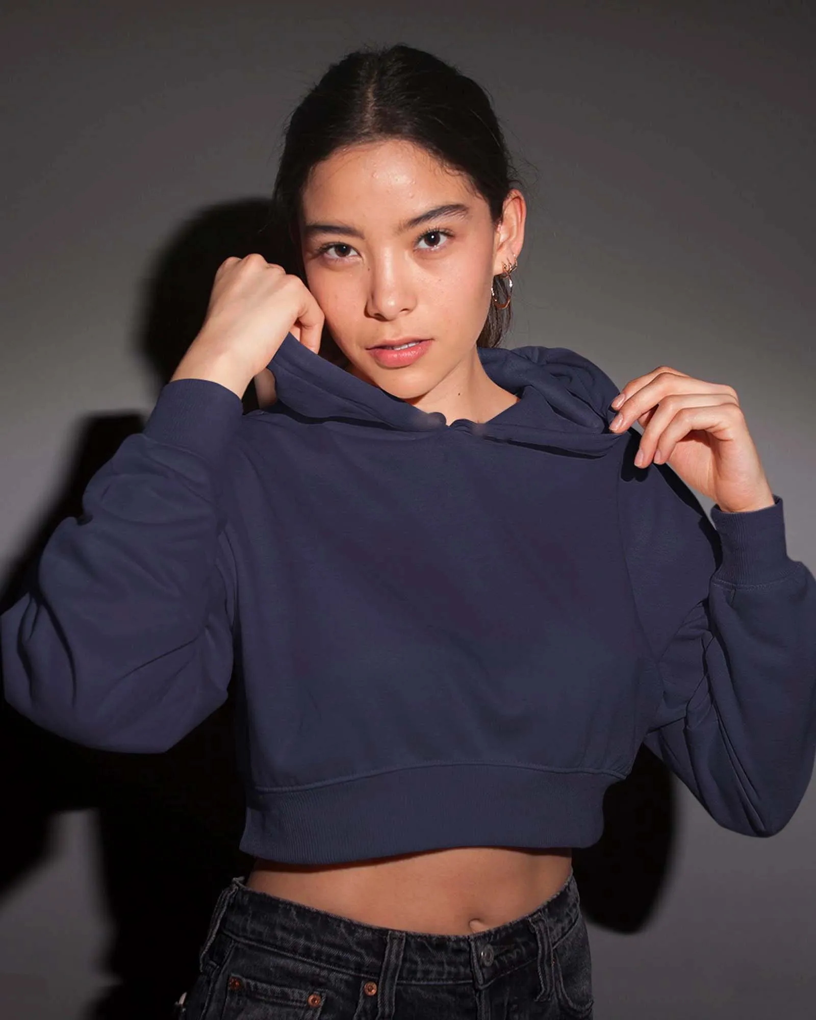 Drop Shoulder Crop Hoodie: Midnight Navy