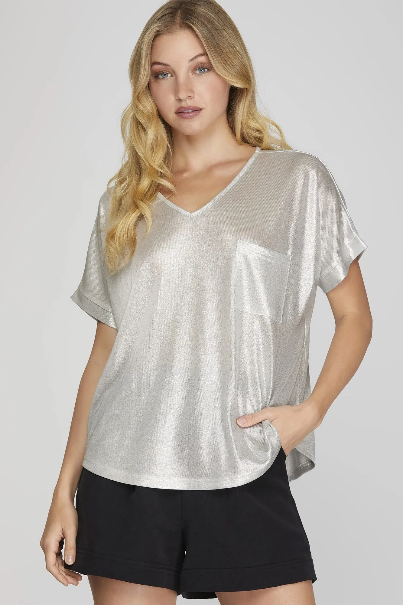 Drop Shoulder V-Neck Metallic Knit Top