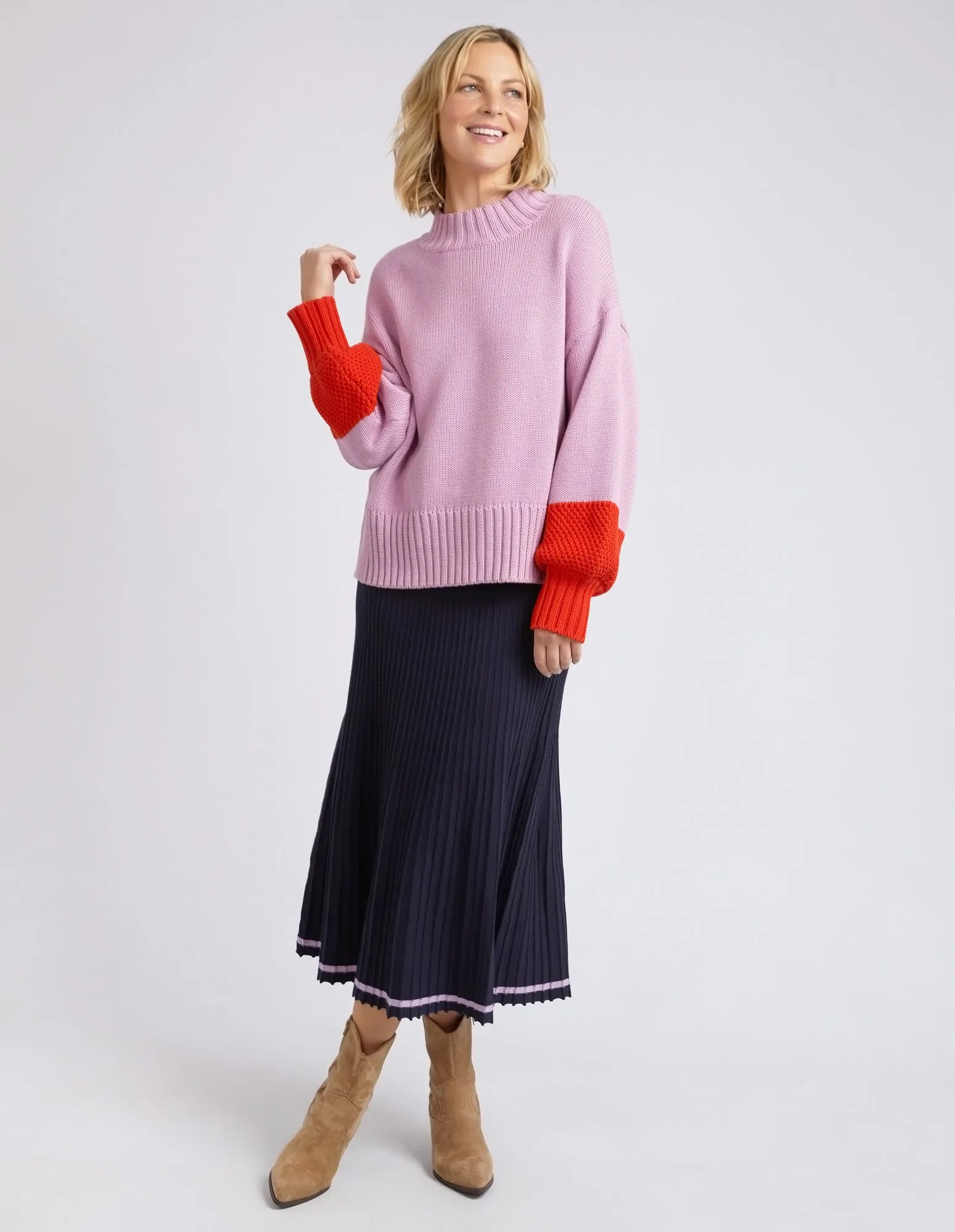 Elm Louie Mock Neck Knit - Peony Pink and Tangello