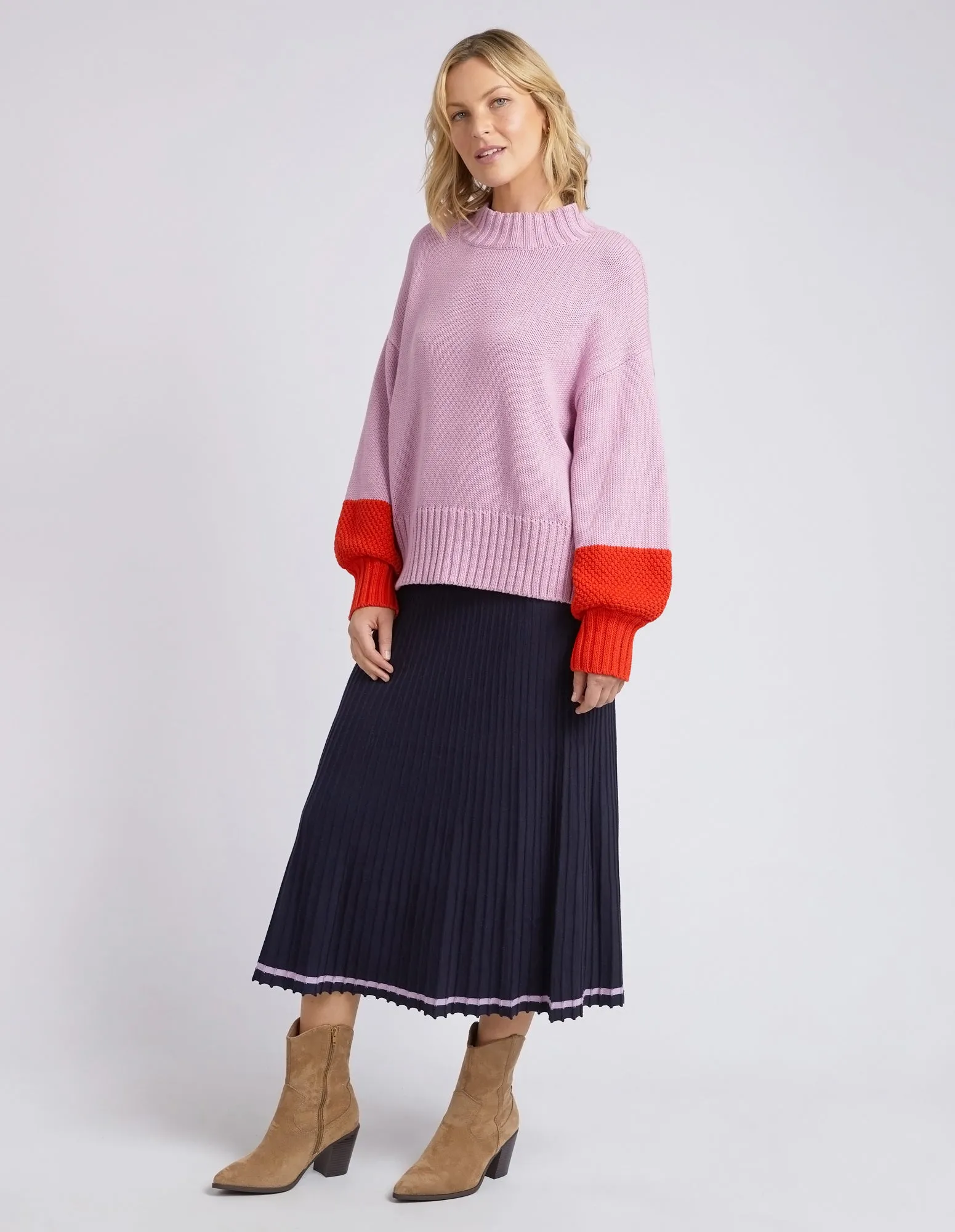 Elm Louie Mock Neck Knit - Peony Pink and Tangello