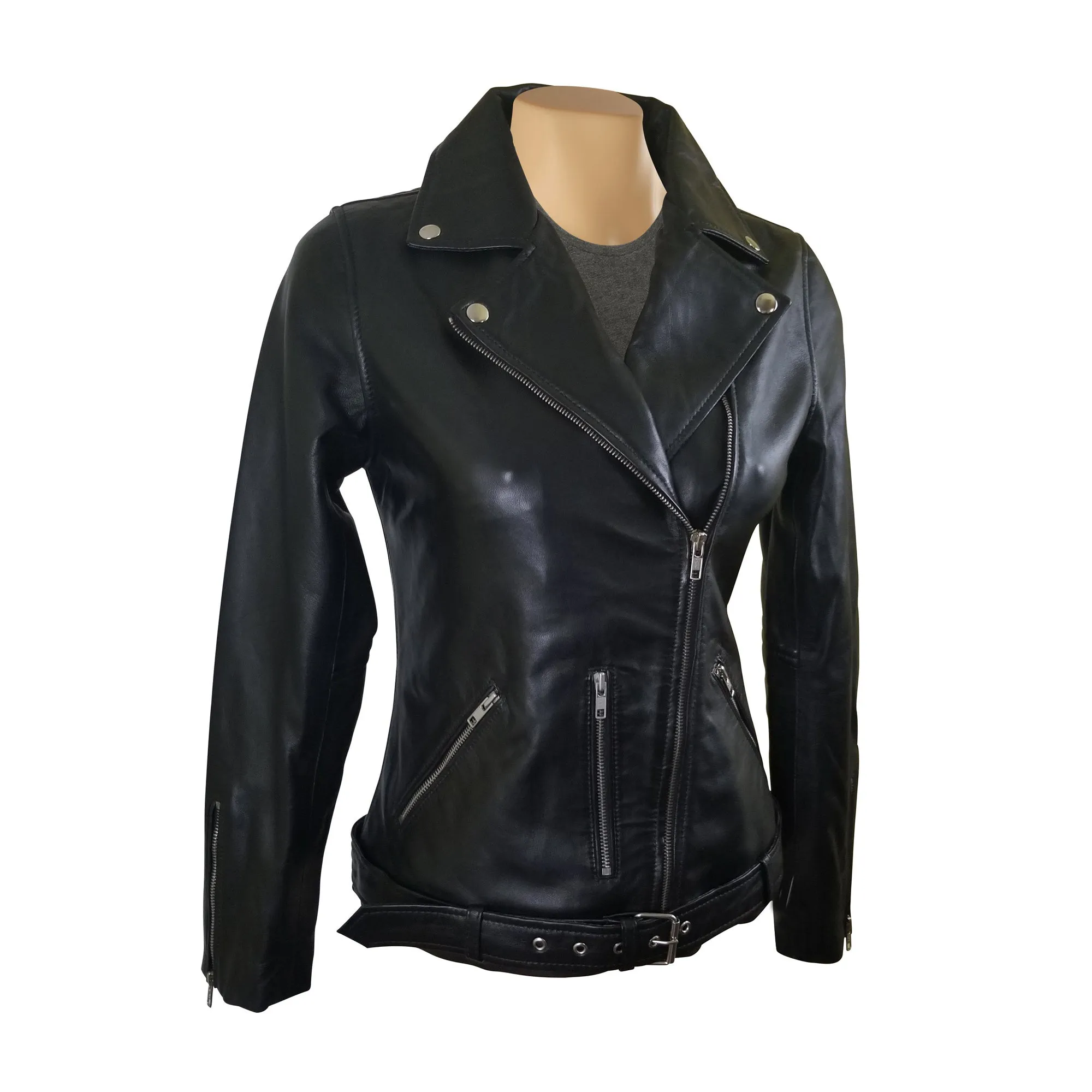 Emilie's black biker style leather jacket with waist belt- SALE