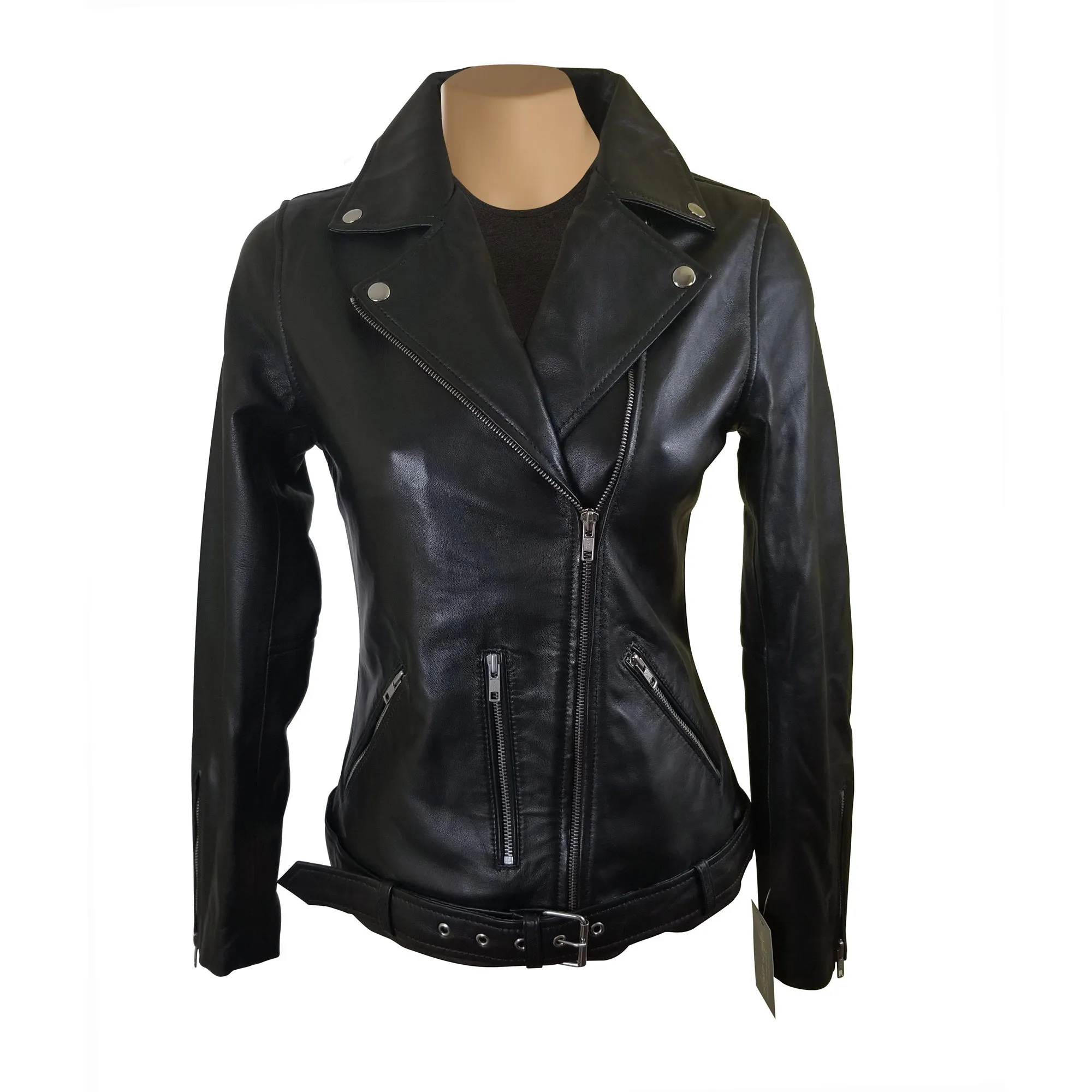 Emilie's black biker style leather jacket with waist belt- SALE