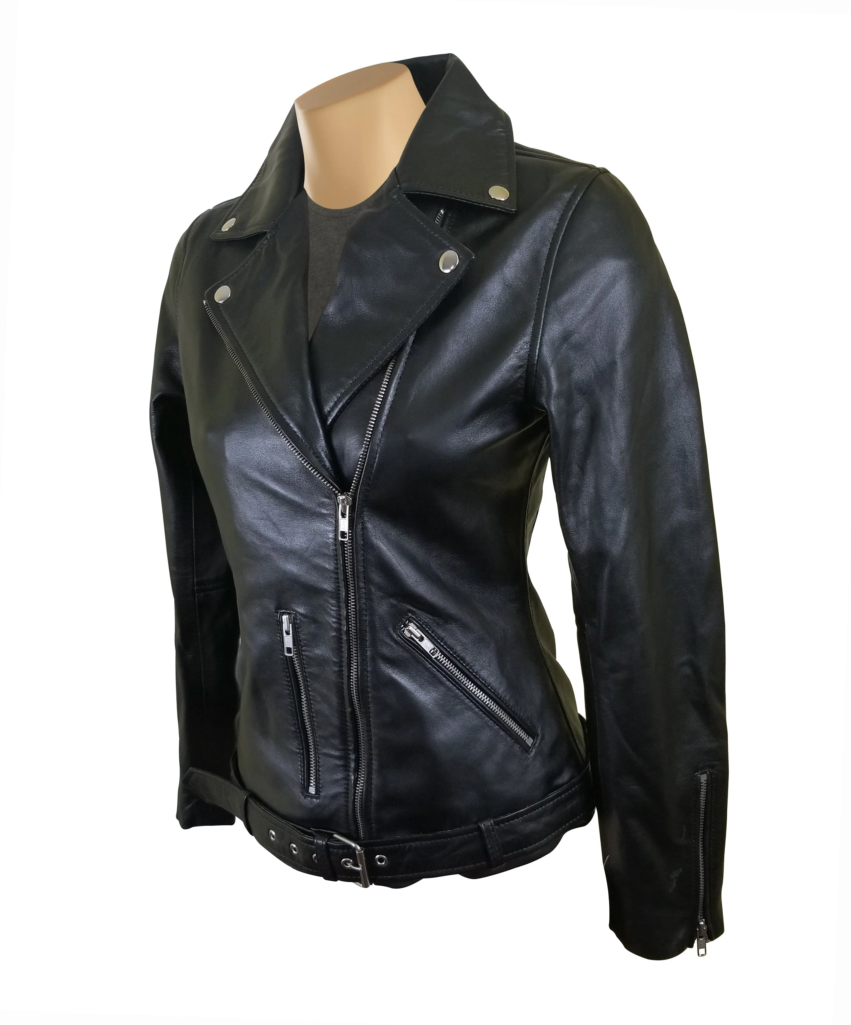 Emilie's black biker style leather jacket with waist belt- SALE