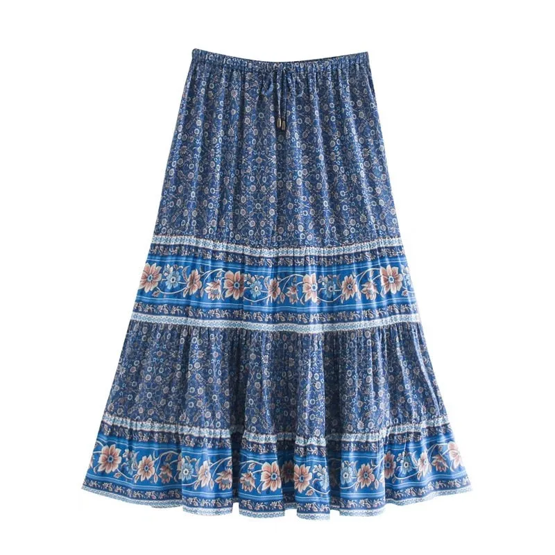 Esmee Bohemian Midi Skirt Blue Or Orange You Choose Floral Boho Print Flare Long Maxi Hippie Summer Of Love Skirt Available In Small Medium Or Large