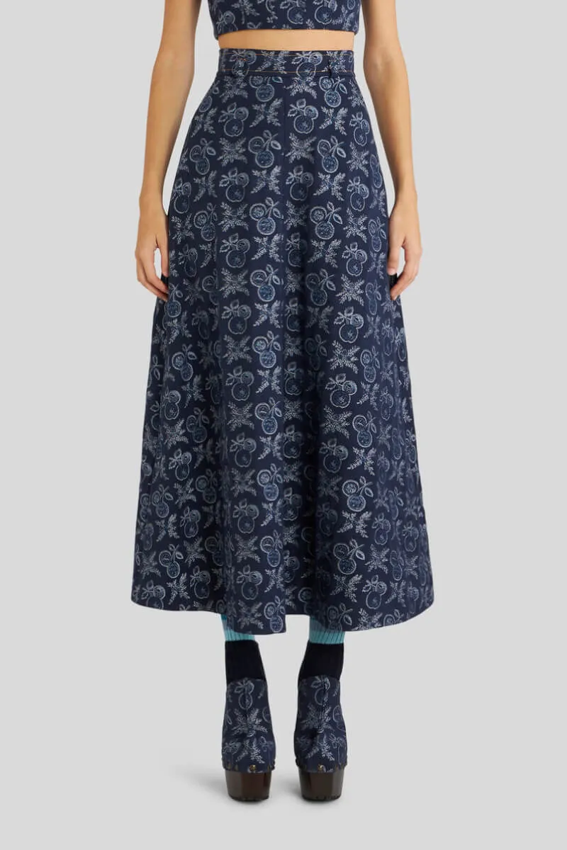 Etro Cherry Jacquard Denim Midi Skirt - Navy Blue