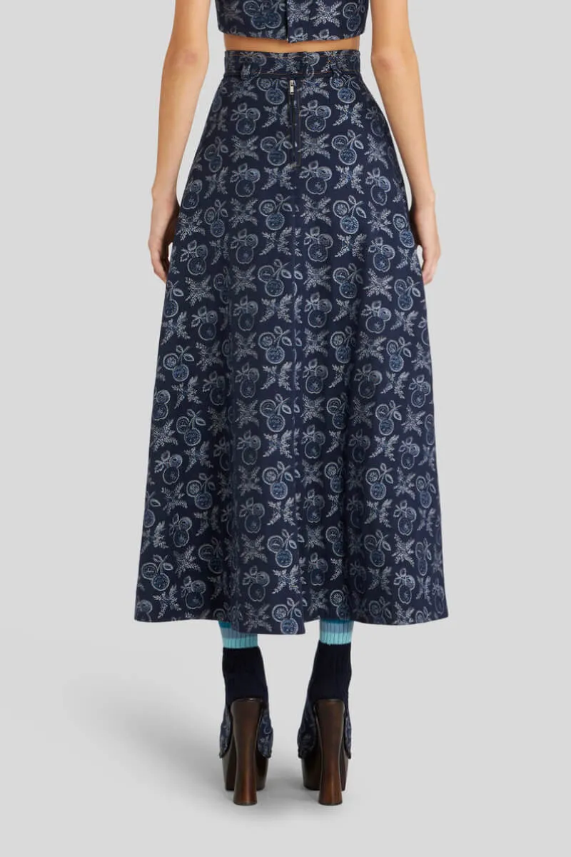 Etro Cherry Jacquard Denim Midi Skirt - Navy Blue