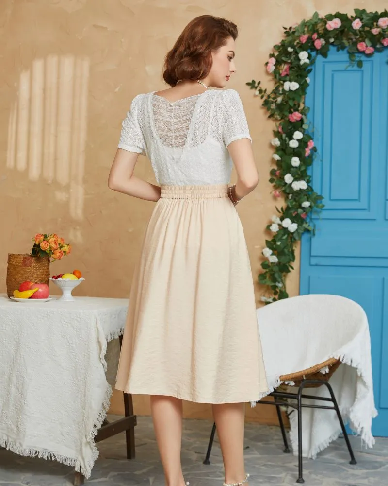 Faux Linen Skirt with Pockets Vintage Swing Skirt Elastic Waist Flared A Line Skirts