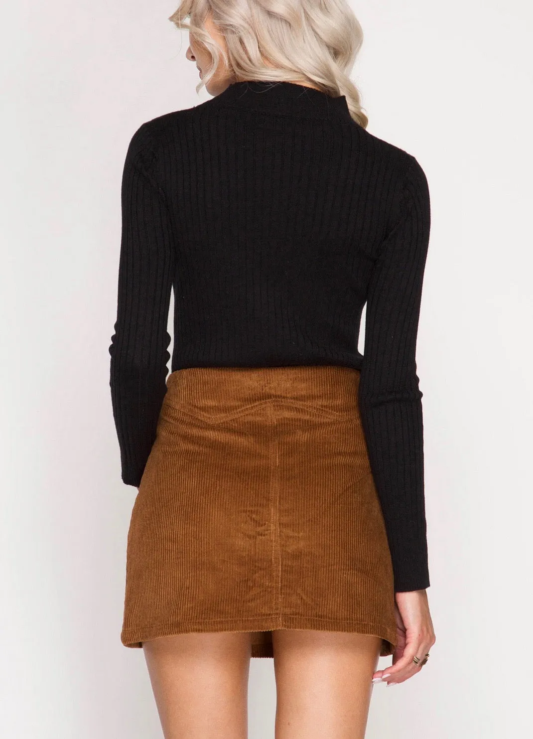 Final Sale - Corduroy Button Down Mini Skirt with Pockets in Brown