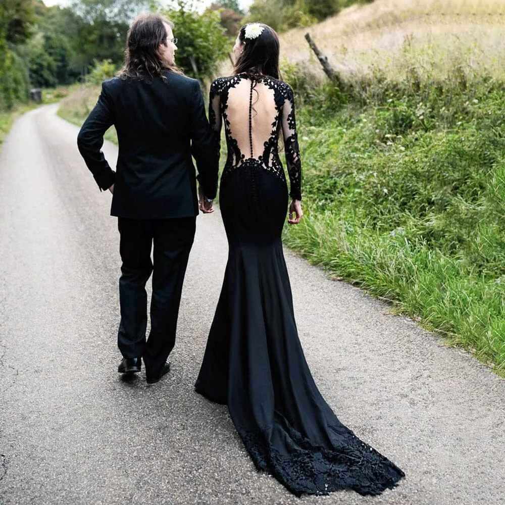 Floral Balck Mermaid Wedding Dress