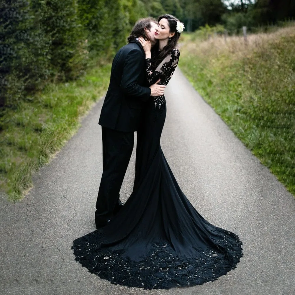 Floral Balck Mermaid Wedding Dress