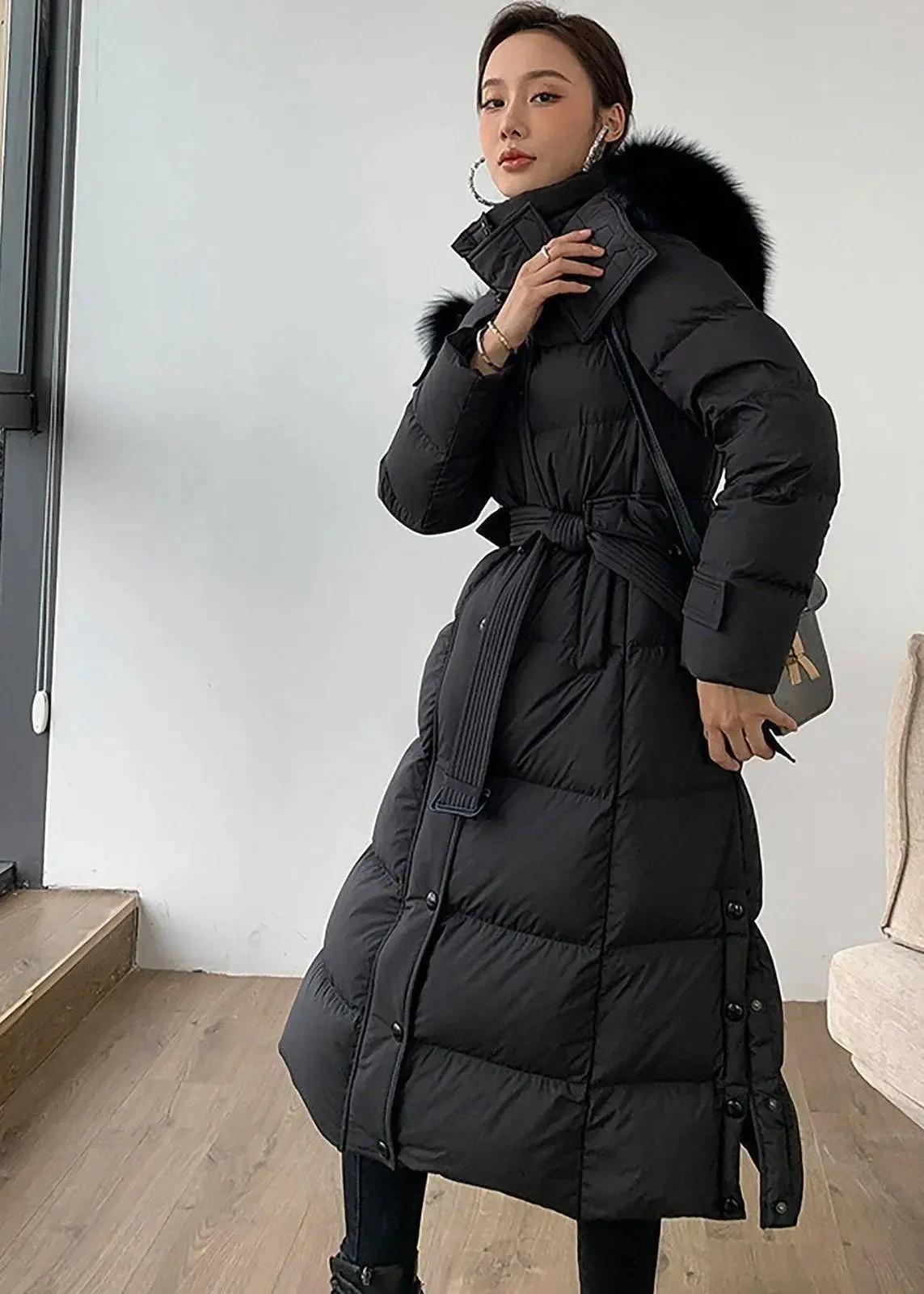 Fox Fur Collar Hooded Down Puffer Long Coat