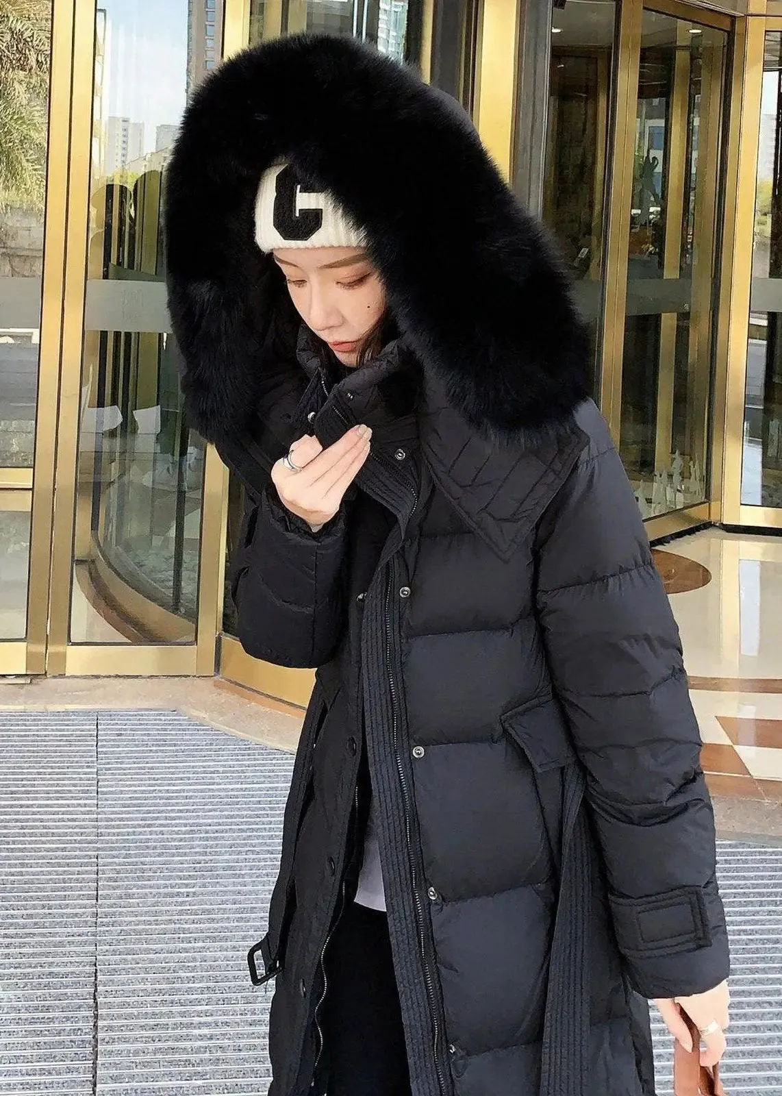 Fox Fur Collar Hooded Down Puffer Long Coat