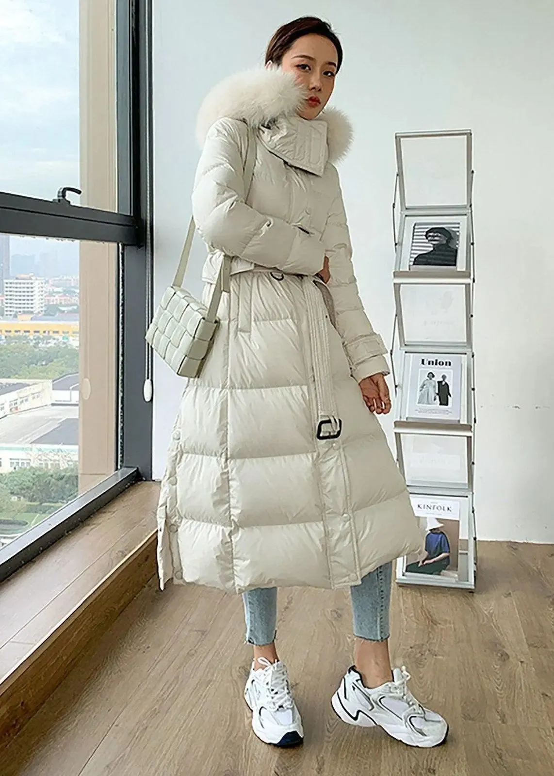 Fox Fur Collar Hooded Down Puffer Long Coat