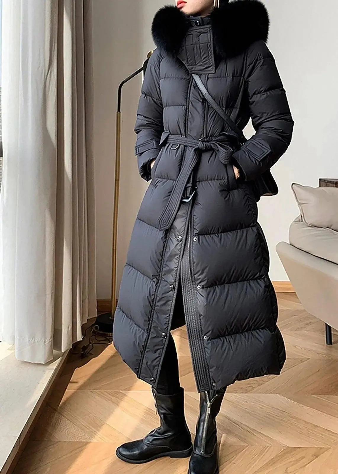 Fox Fur Collar Hooded Down Puffer Long Coat