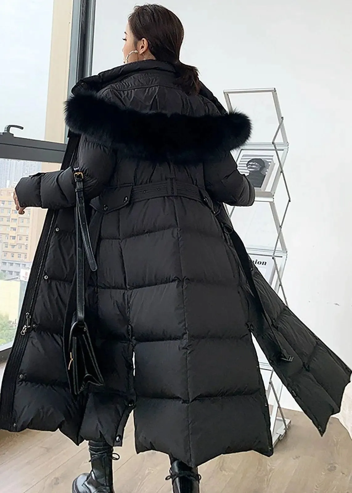 Fox Fur Collar Hooded Down Puffer Long Coat