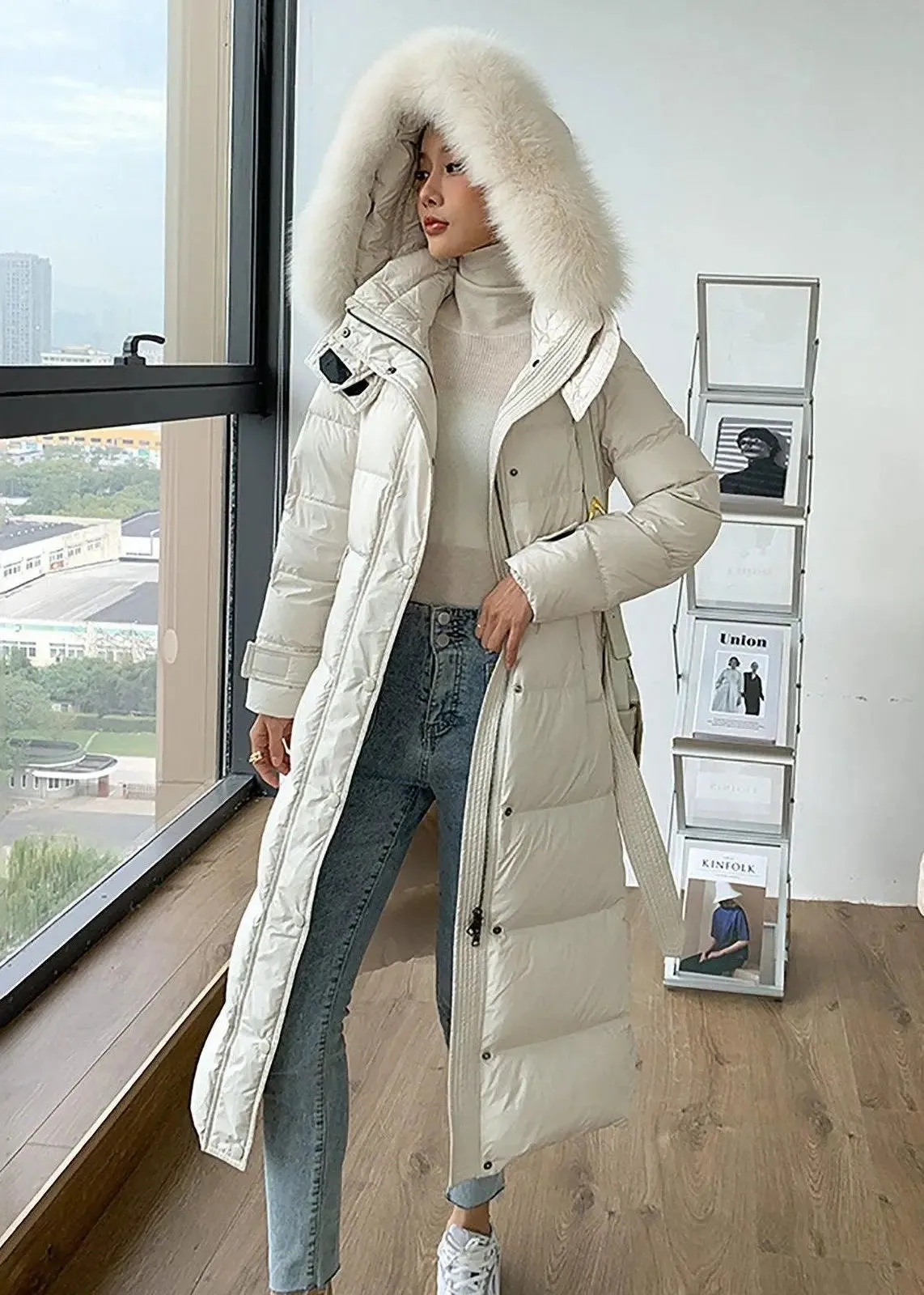 Fox Fur Collar Hooded Down Puffer Long Coat