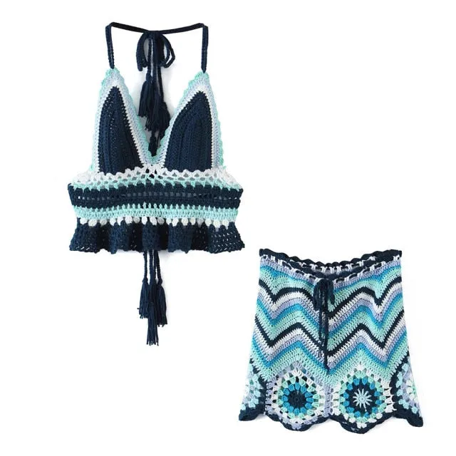 Granny Square Mini Skirt Or Crochet Halter Cami Blue Turquoise Mint Navy White Top Flare Skirt Or Set Tassel Ties Top Adjustable Drawstring Waist One Size