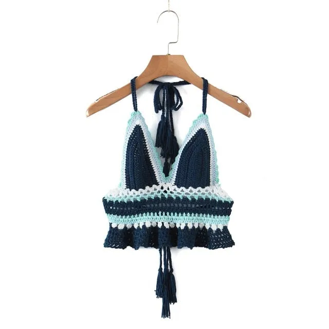 Granny Square Mini Skirt Or Crochet Halter Cami Blue Turquoise Mint Navy White Top Flare Skirt Or Set Tassel Ties Top Adjustable Drawstring Waist One Size