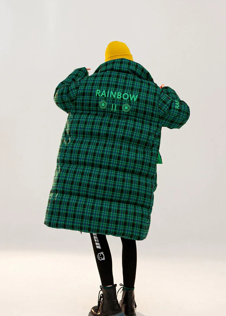 Green Plaid Thickened Duck Down Puffer Coat