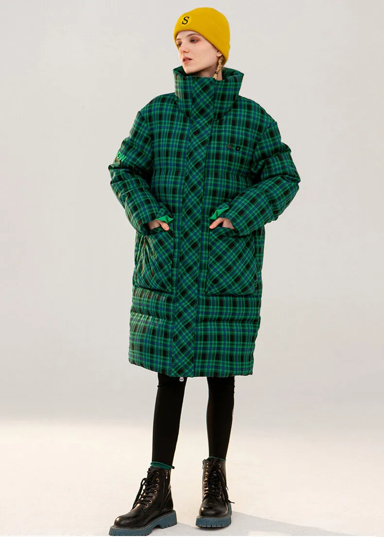 Green Plaid Thickened Duck Down Puffer Coat