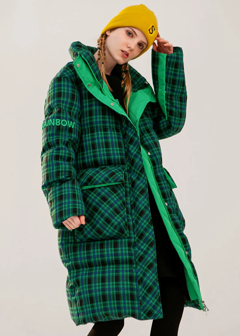 Green Plaid Thickened Duck Down Puffer Coat