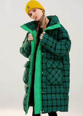 Green Plaid Thickened Duck Down Puffer Coat