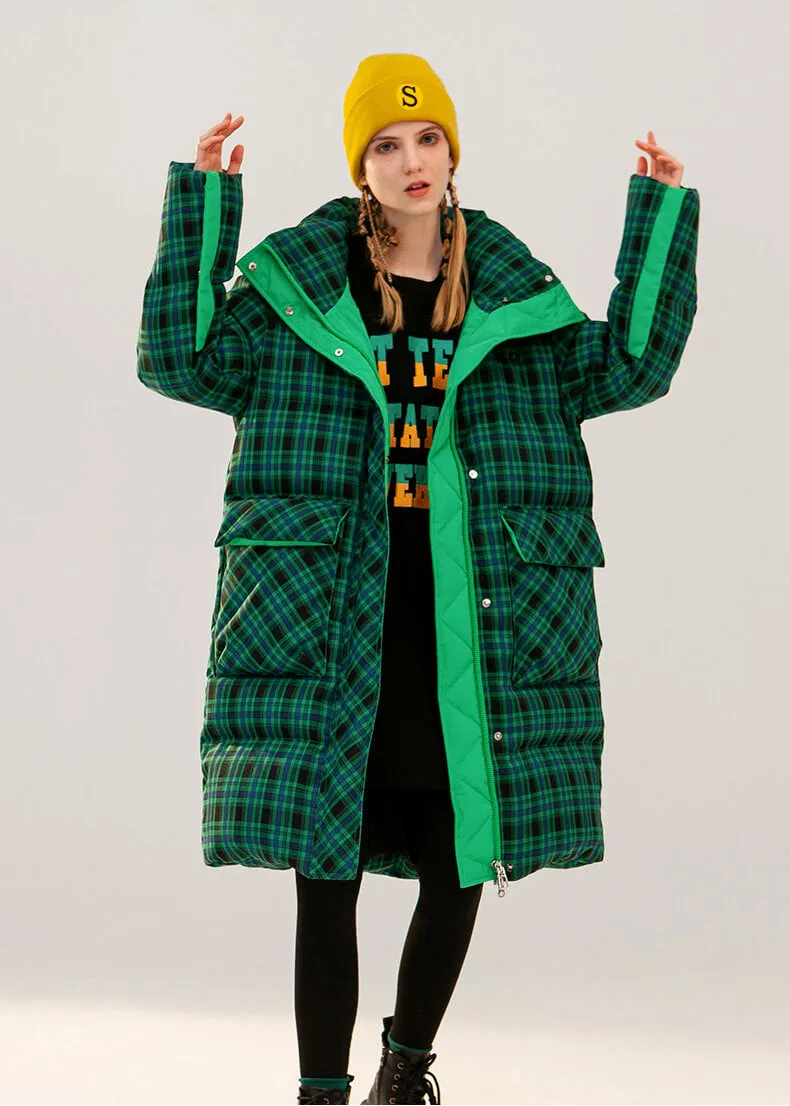 Green Plaid Thickened Duck Down Puffer Coat