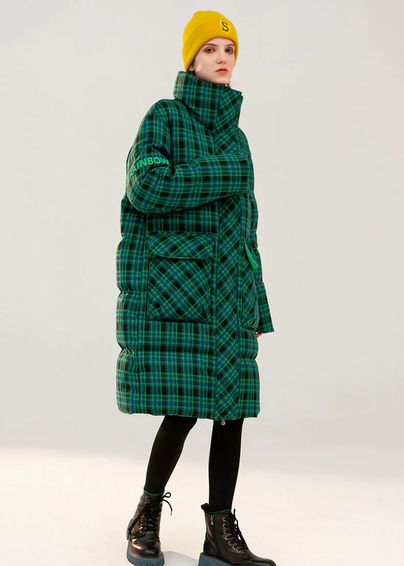 Green Plaid Thickened Duck Down Puffer Coat