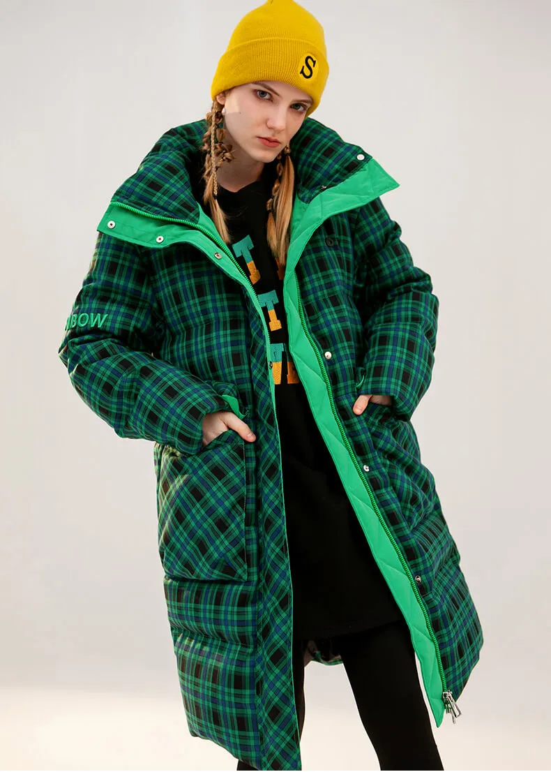 Green Plaid Thickened Duck Down Puffer Coat