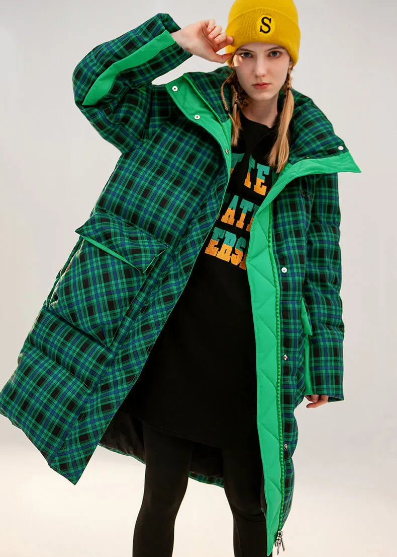 Green Plaid Thickened Duck Down Puffer Coat