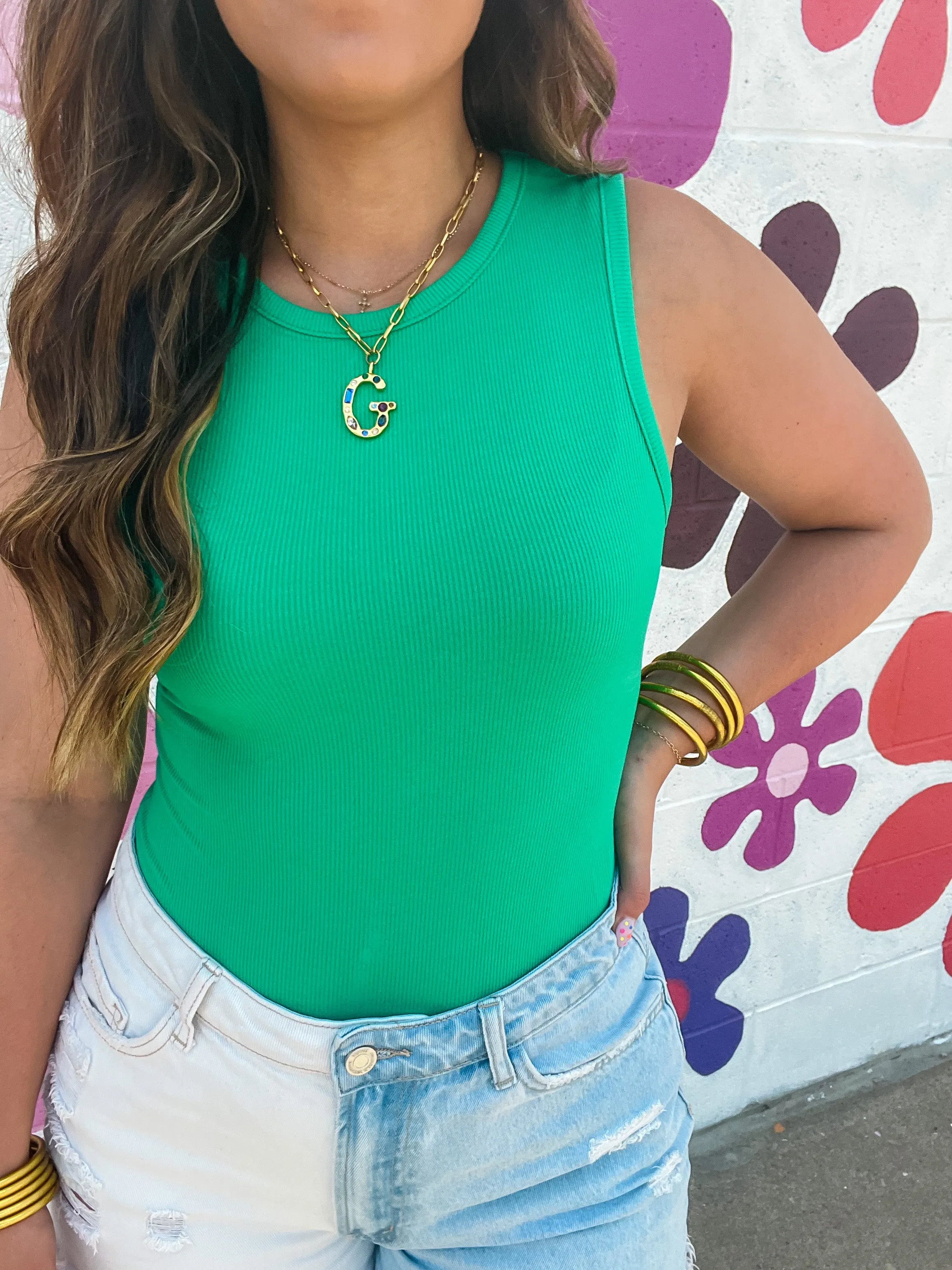 Green Round Neck Sleeveless Bodysuit