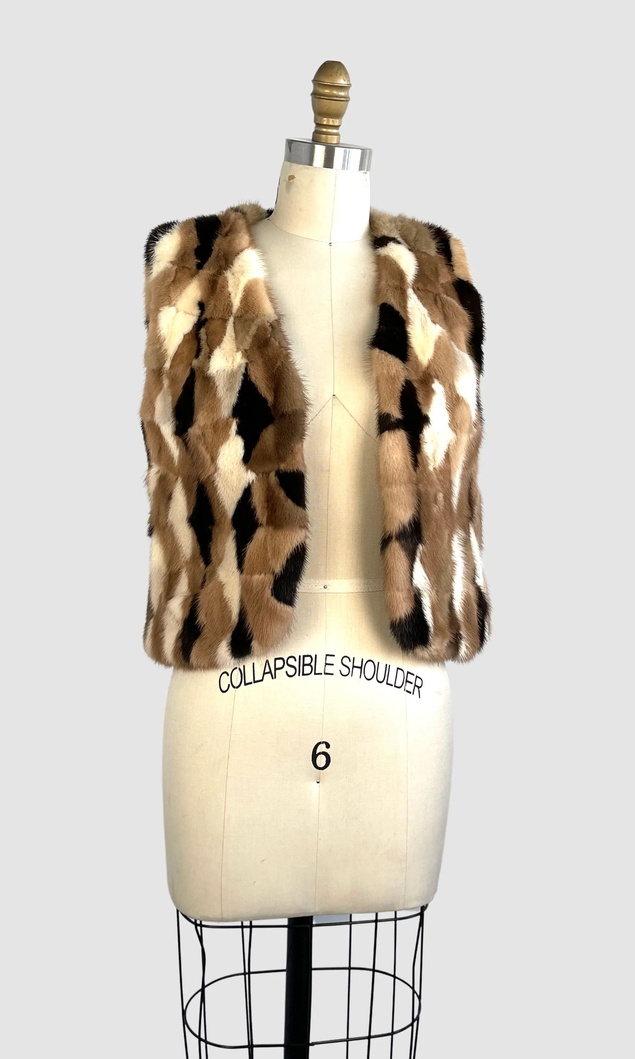 HARLEQUIN ROMANCE 60s Diamond Patchwork Mink Vest, Small