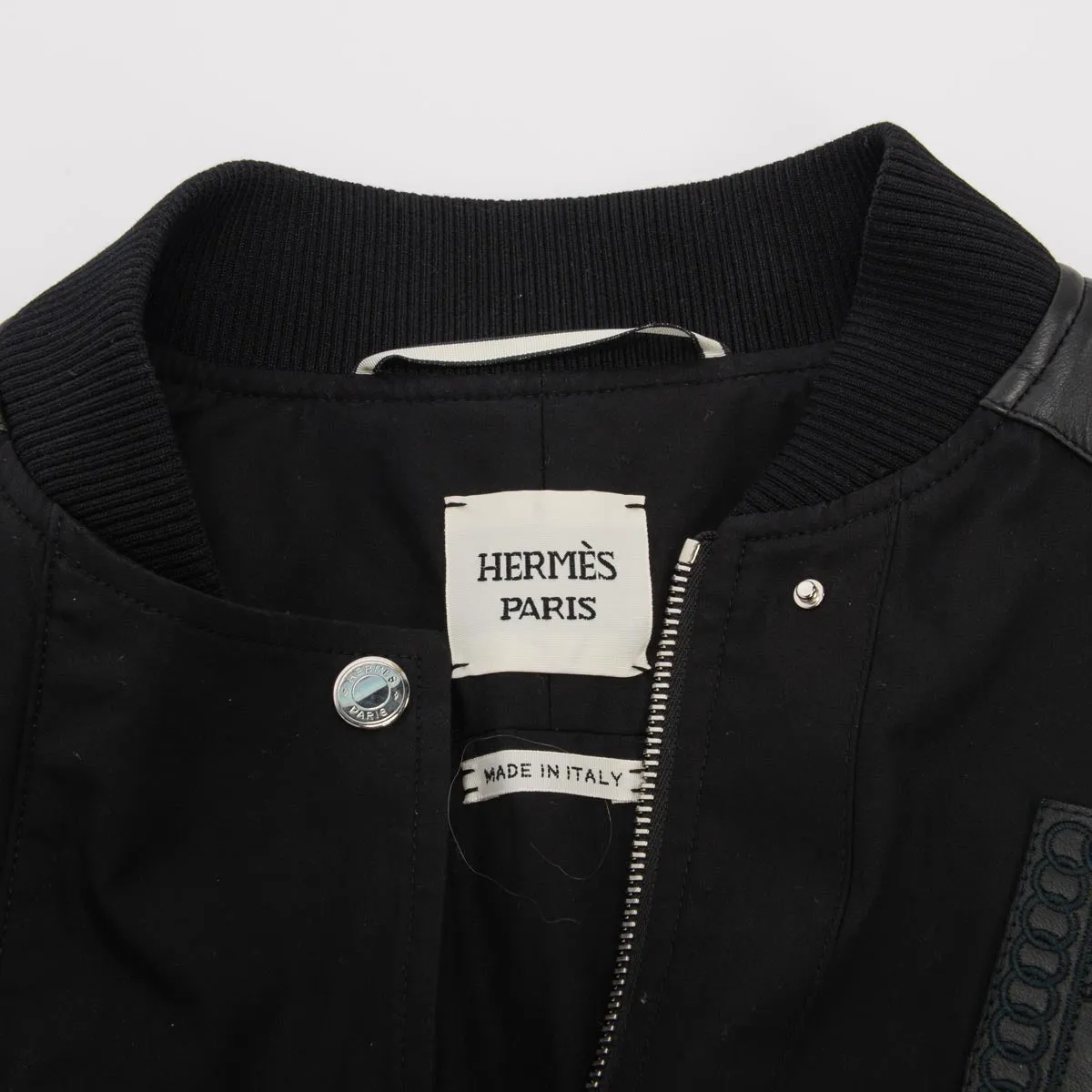 Hermes Black Cotton & Lambskin Embroidered Bomber Jacket FR 38