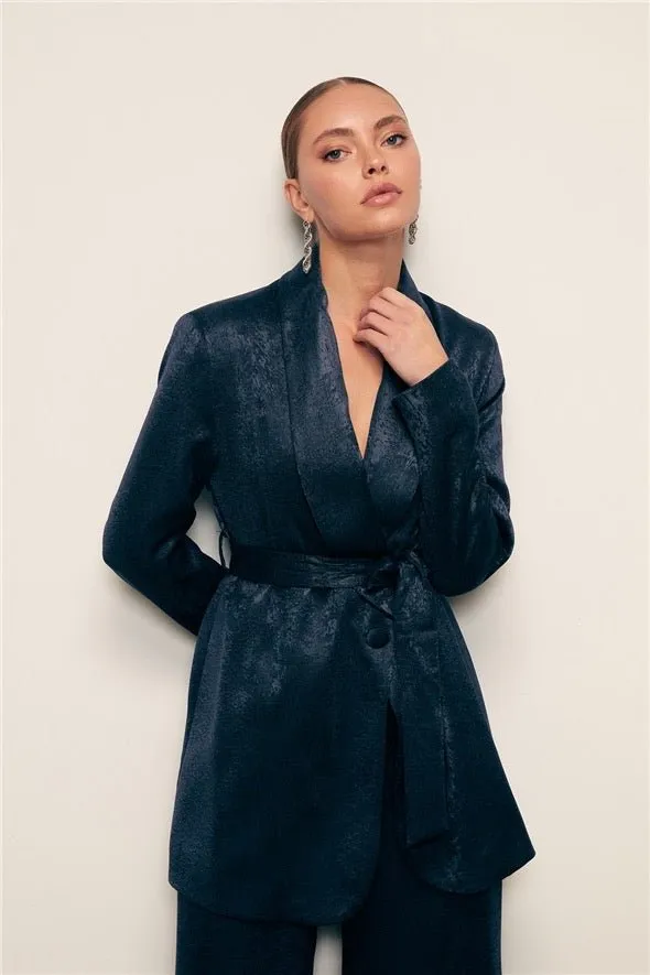 Jacquard Belted Long Jacket - Navy Blue