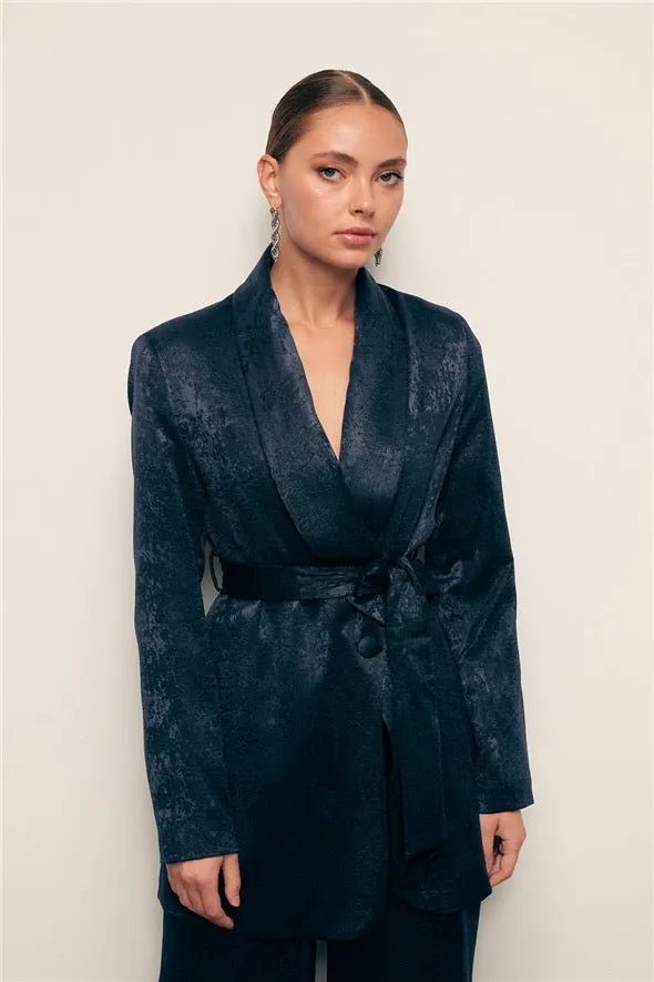 Jacquard Belted Long Jacket - Navy Blue