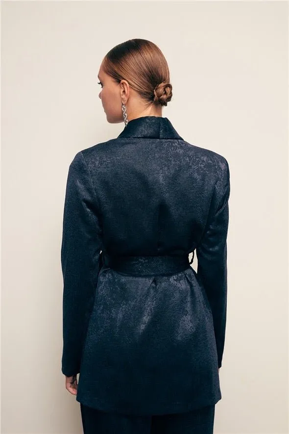 Jacquard Belted Long Jacket - Navy Blue